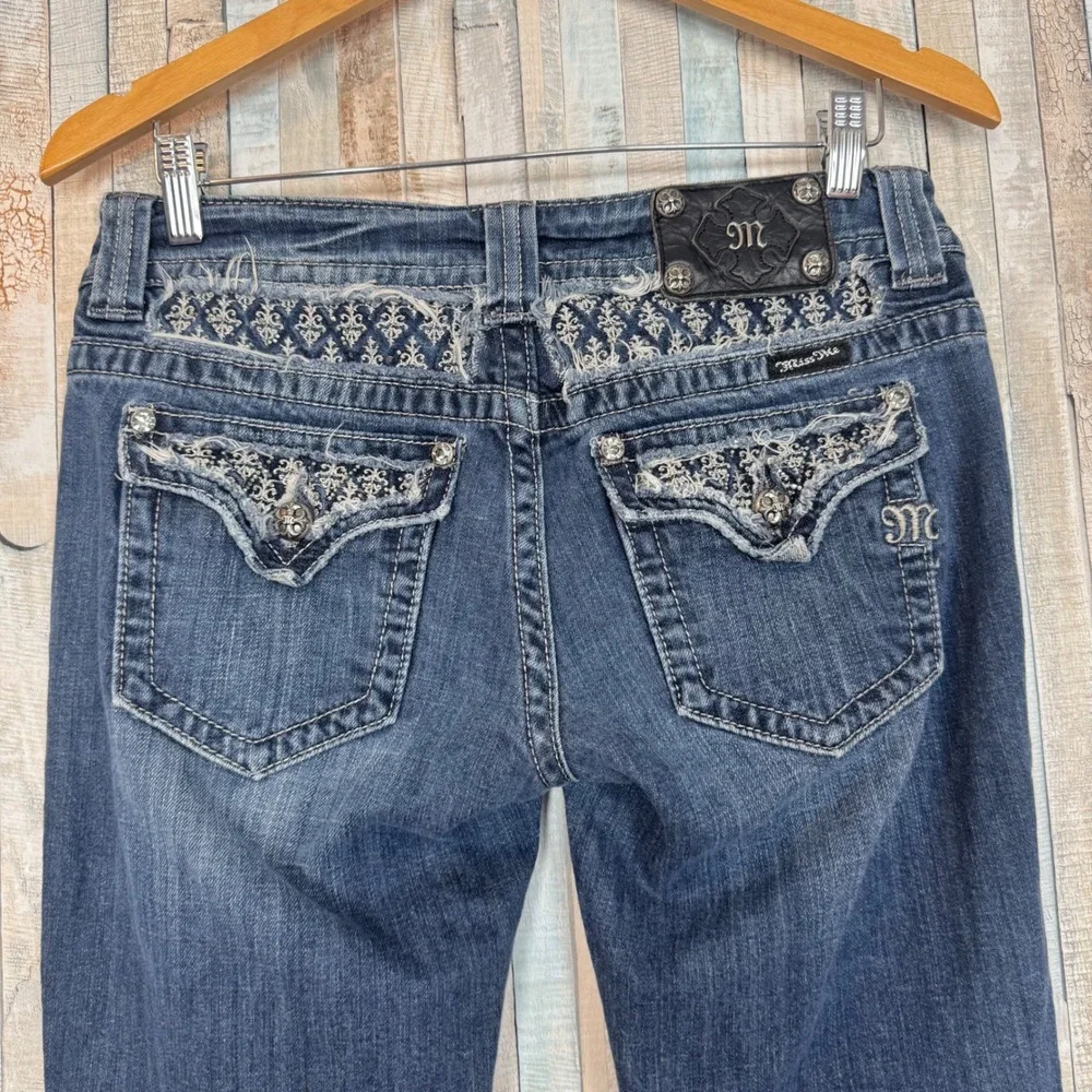 Miss Me 29 Fleur de Lis Embellished Flap Pocket Boot Jean Embroidered Rhinestone